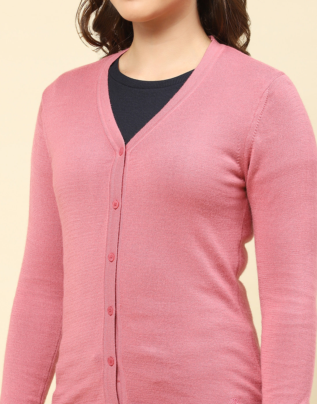 Women Pink Solid V Neck Full Sleeve Cardigan