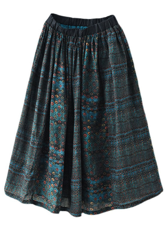 Beautiful Blue Patchwork Print A Line Fall Ramie Skirts