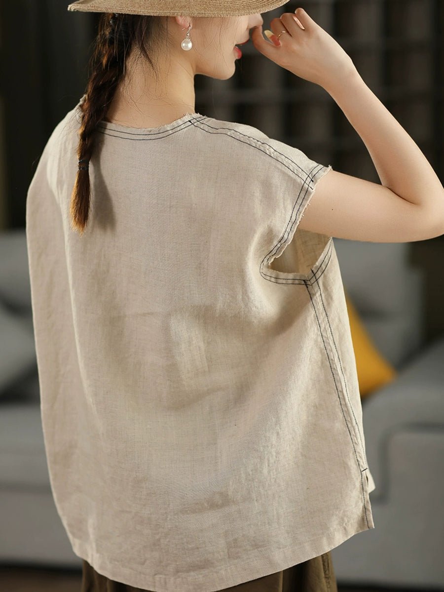Women Summer Pure Color O-Neck 100%Hemp Shirt