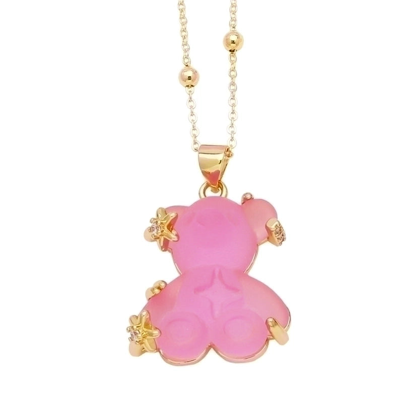 Copper Gold Plated Cute Minimalist Bear Inlay Resin Zircon Pendant Necklace