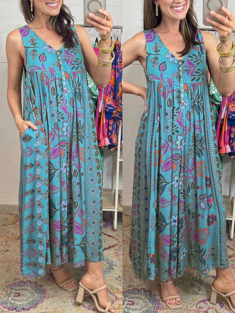 Vintage floral print loose sleeveless jumpsuit