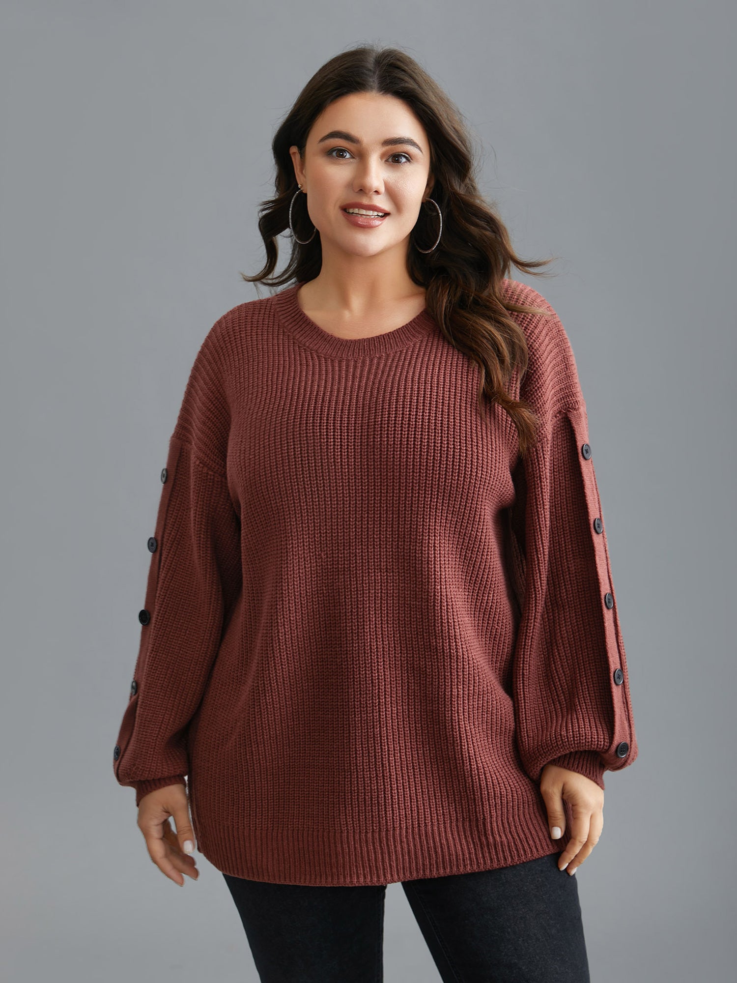 Textured Drop Shoulder Button Detailing Pullover