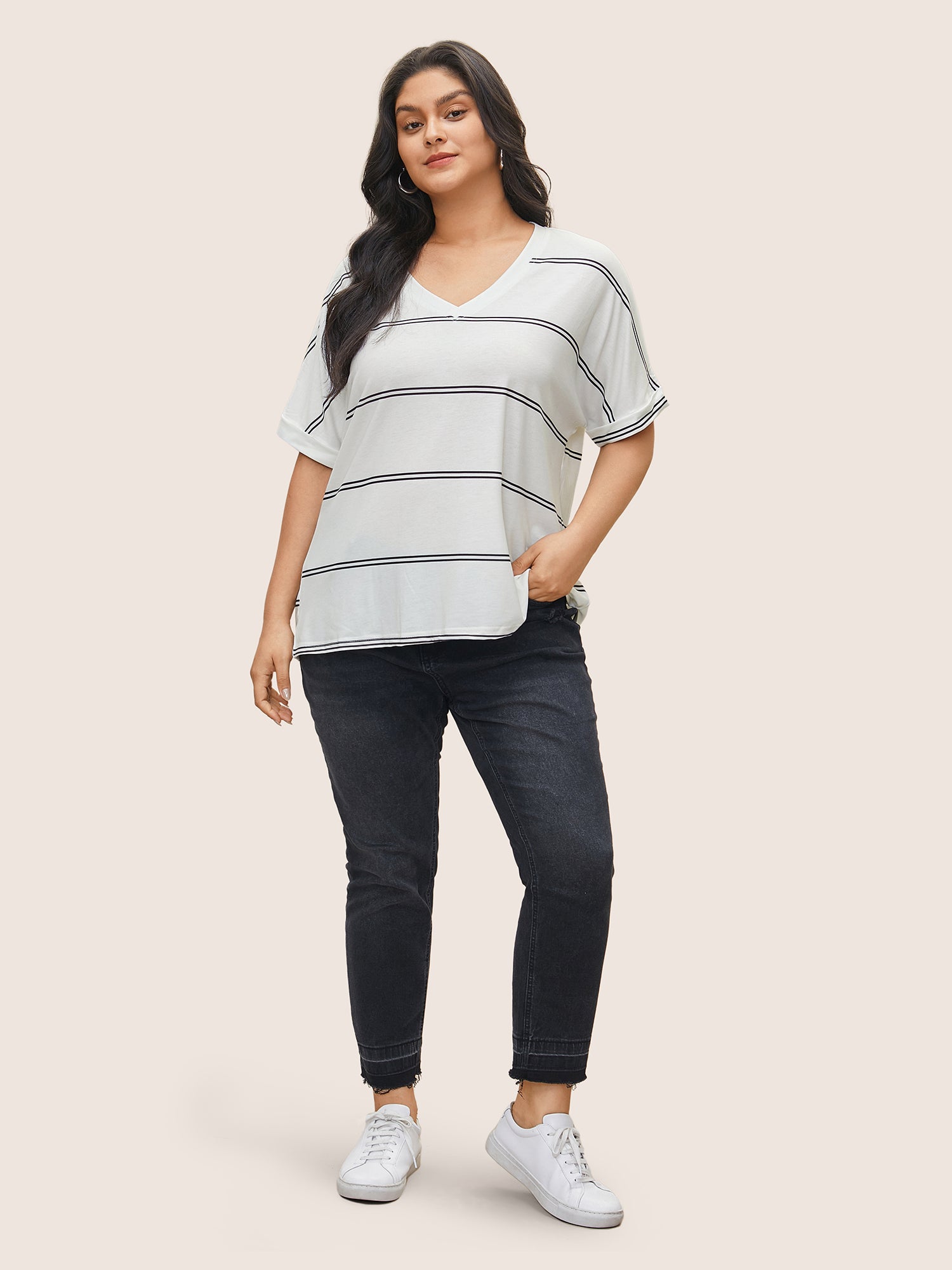 Striped Contrast Dolman Sleeve T-shirt