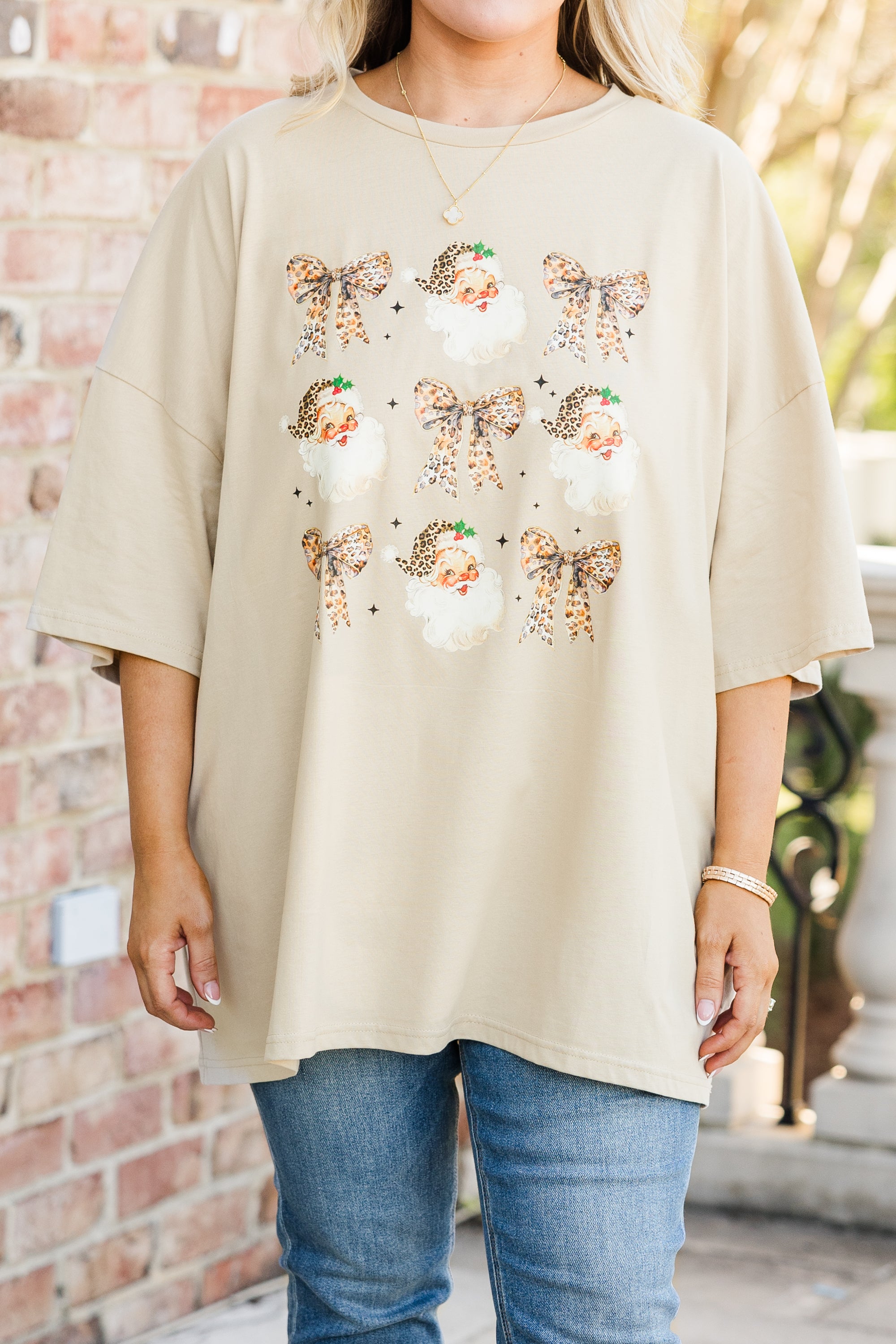 Leopard Santa Boyfriend Tee. Light Mocha