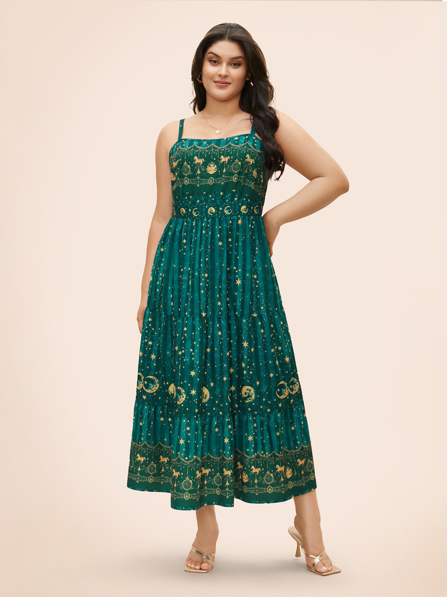 Star & Moon Print Elastic Waist Maxi Cami Dress