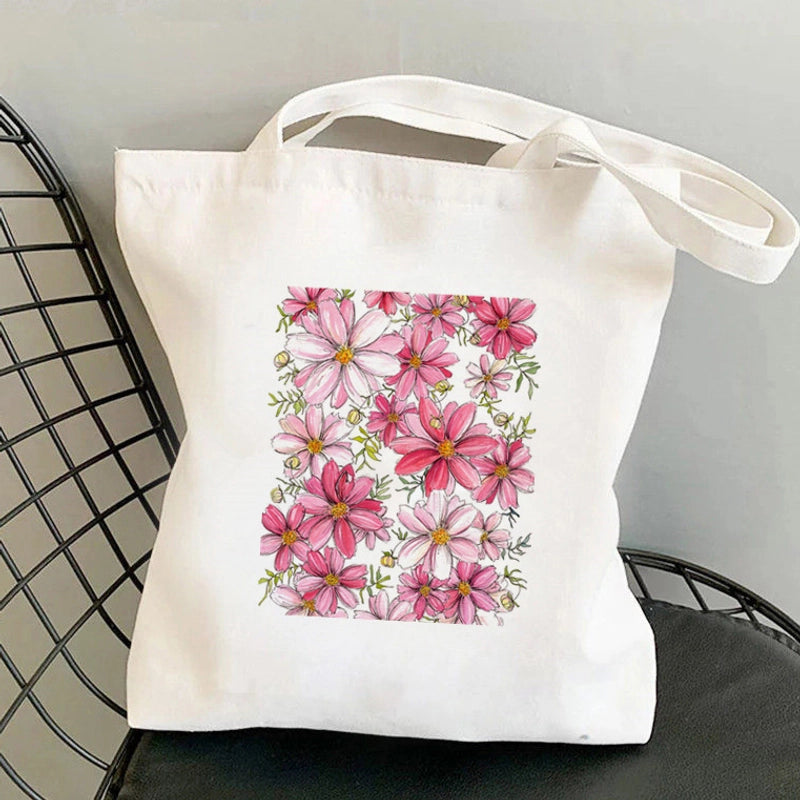 Women's Medium Canvas Flower Basic Classic Style Square Open Canvas Bag