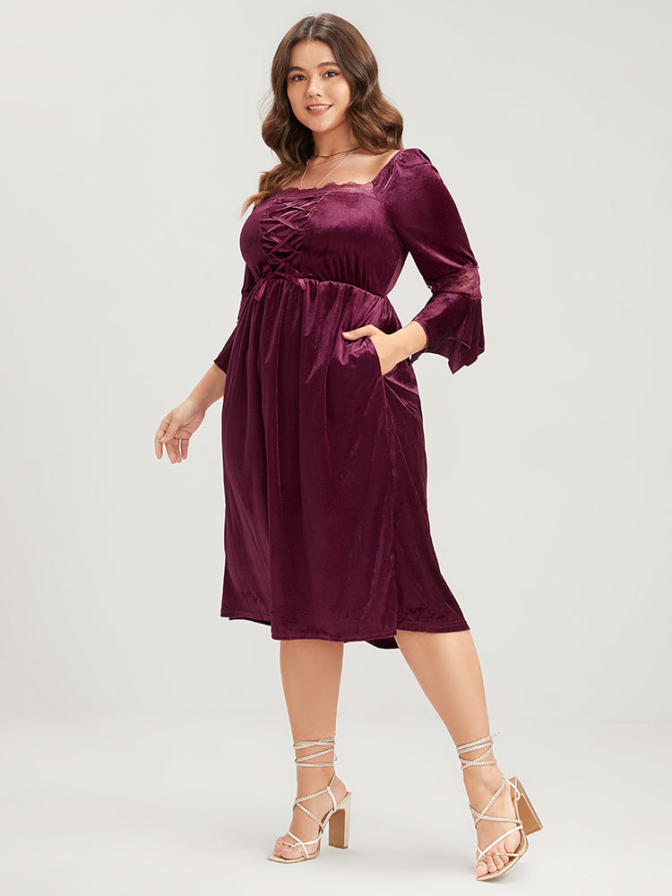 Halloween Solid Velvet Bell Sleeve Pocket Contrast Lace Ties Midi Dress