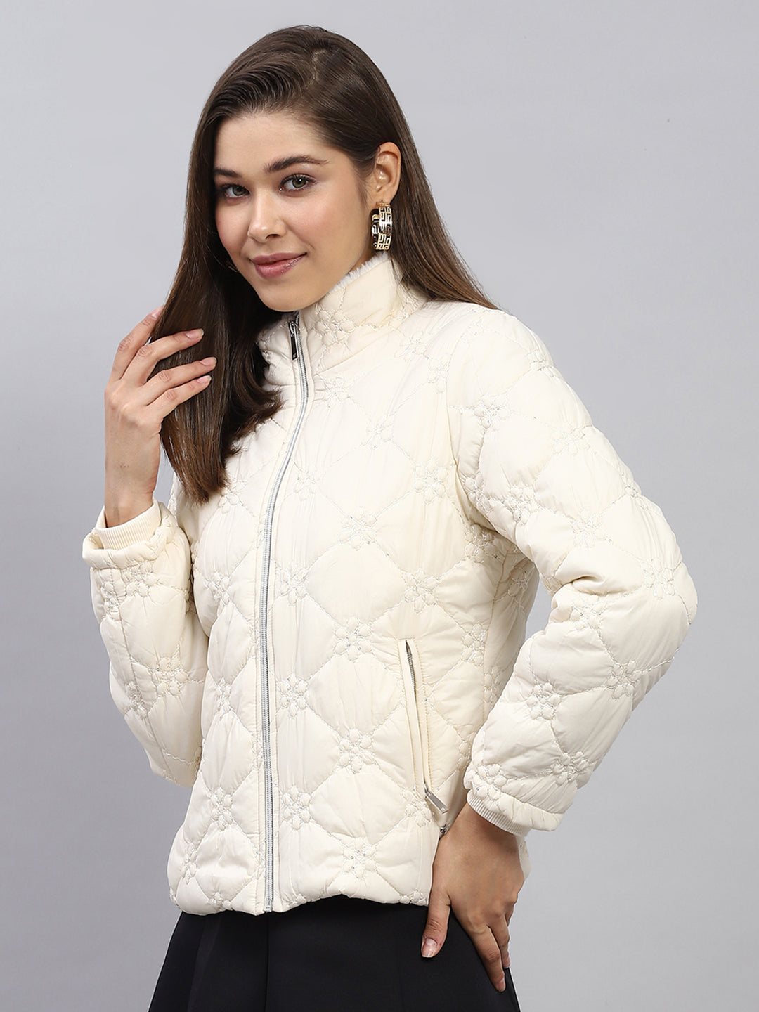 Women White Embroidered Mock Neck Full Sleeve Jacket