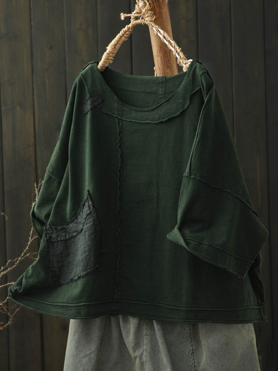 Women Summer Retro Pure Color Cotton Spliced O-Neck Shirt