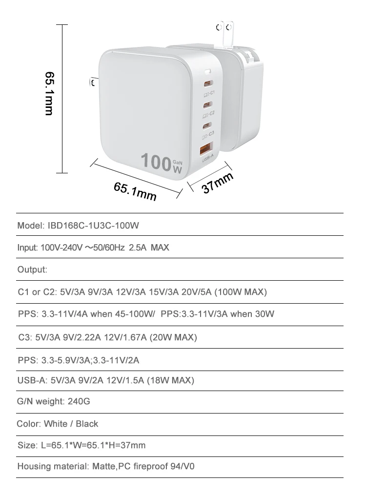 IBD Foldable US Plug Gan PD 100W Fast Travel Charger multifunction 1 USB 3 Type C Usb-c Wall Charger for macbook phone