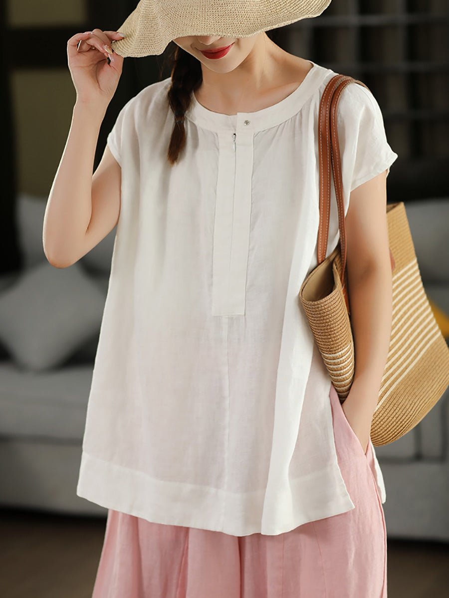 Women Summer Vintage Pure Color O-neck 100%Linen Shirt