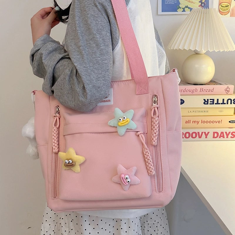Women's Medium Nylon Cartoon Star Cute Preppy Style Square Zipper Shoulder Bag