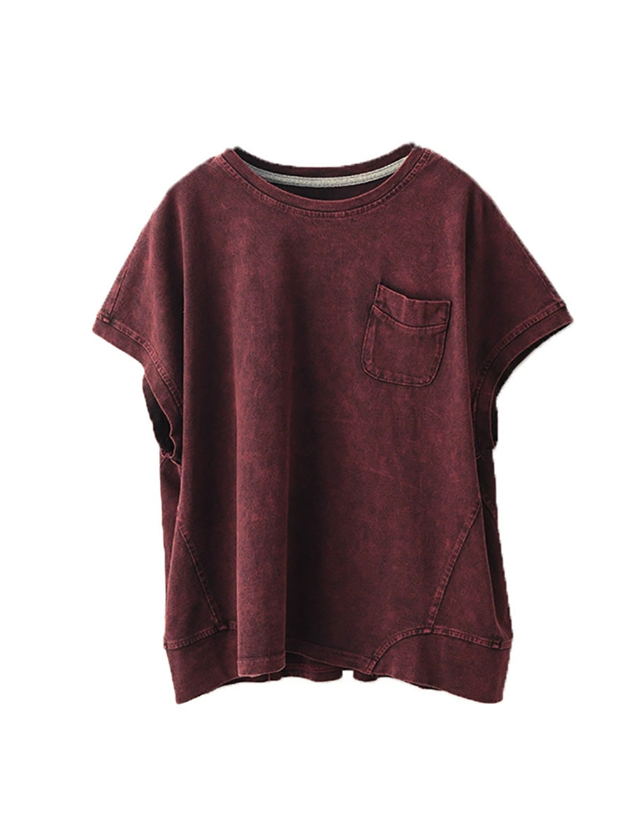 Women Summer Retro Pure Color O-Neck 100%Cotton Shirt