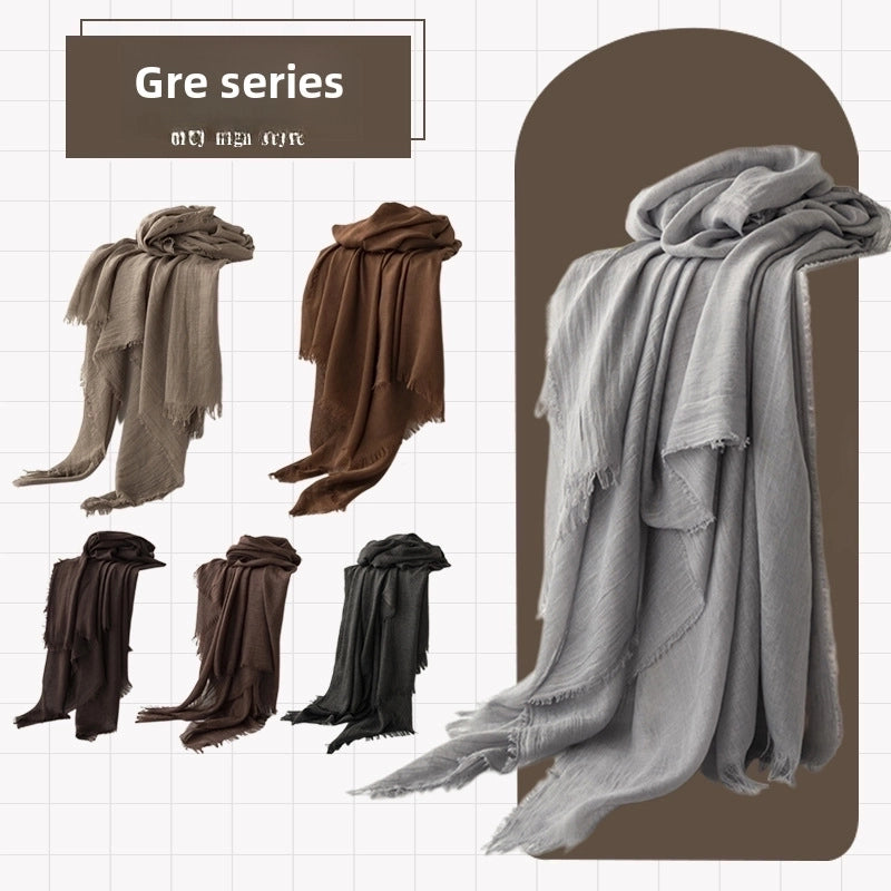 Gray Cotton And Linen Scarf Pure Color Japanese Beach Long Scarf Shawl Vintage Frayed Scarf