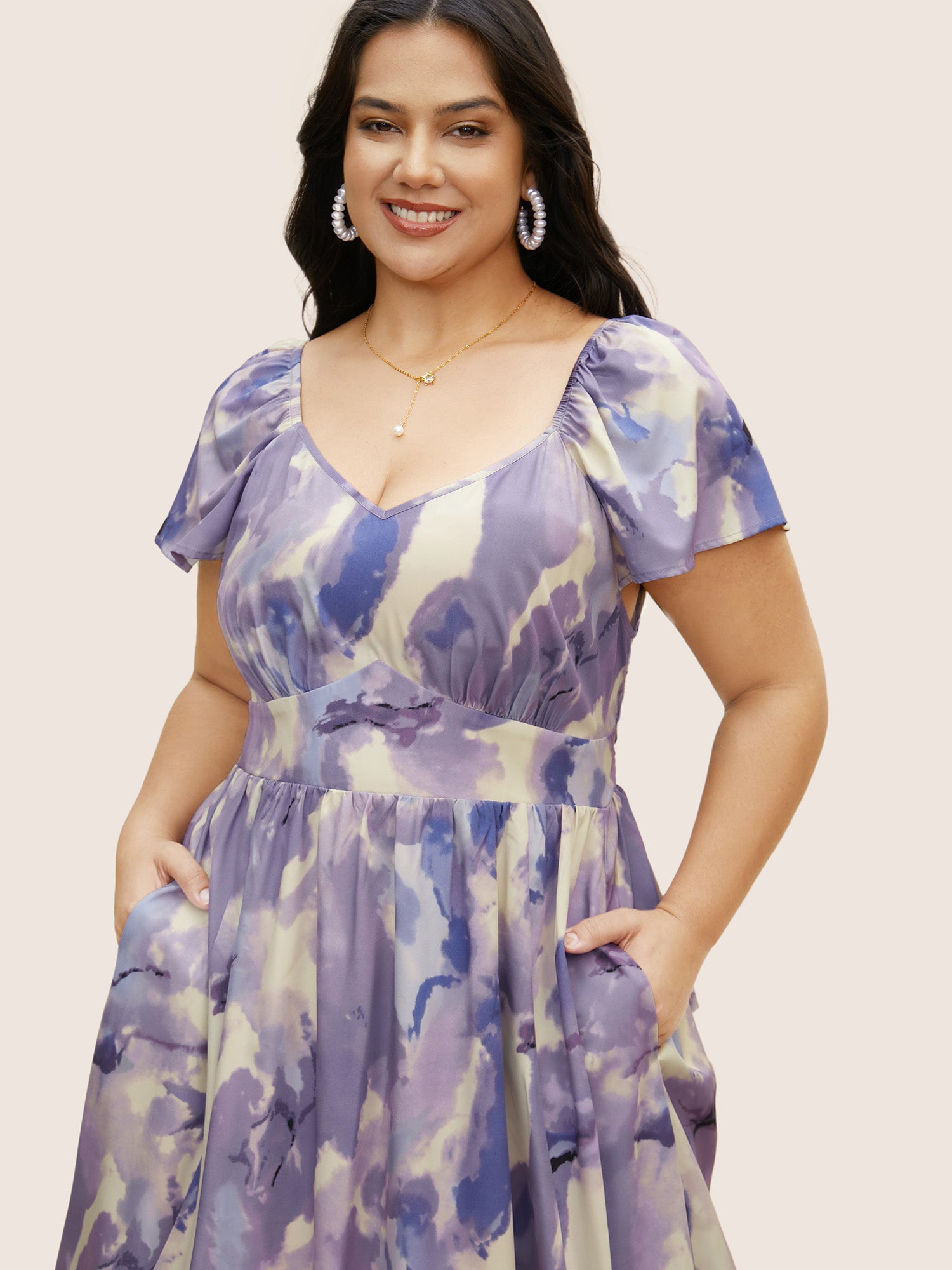 Watercolor Floral Ruffles Shirred Gathered Dress