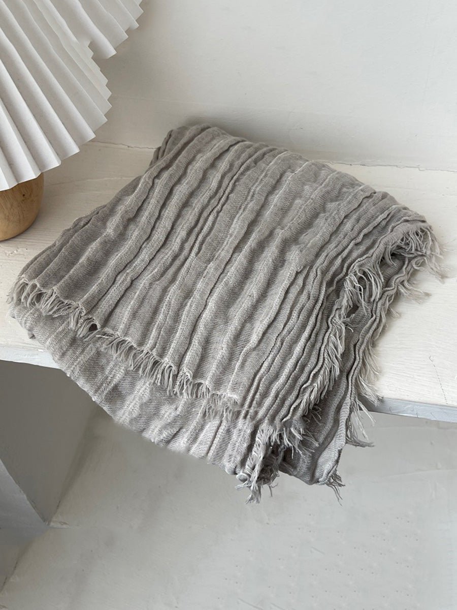 Women Vintage Shirred Pure Color Tassel Shawl Scarf