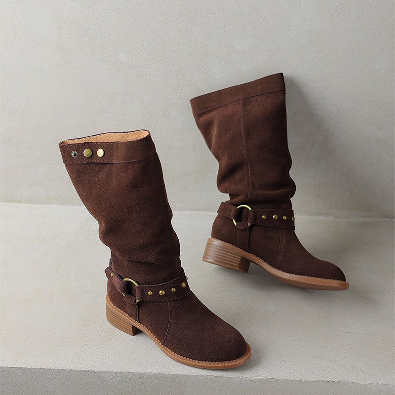 Belted Suede?Leather Riding Boots Low Block Heel Mid Calf Boots in Black/Brown/Green