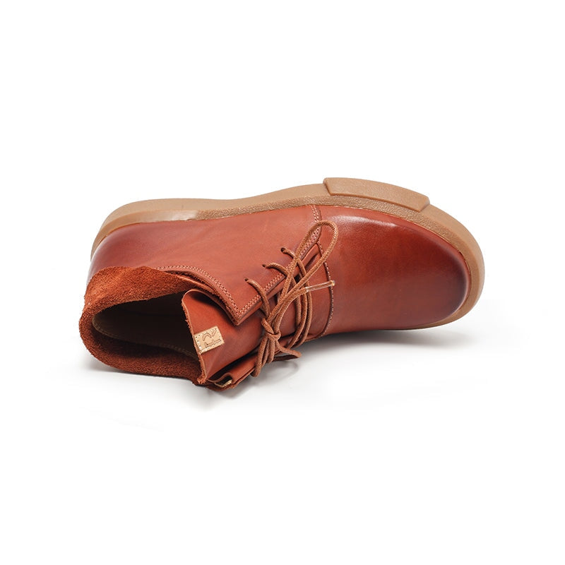 Cowhide Leather Lace-Up Lightweight Short Fold Over Collar Boots Caramel Red/Brown/Black
