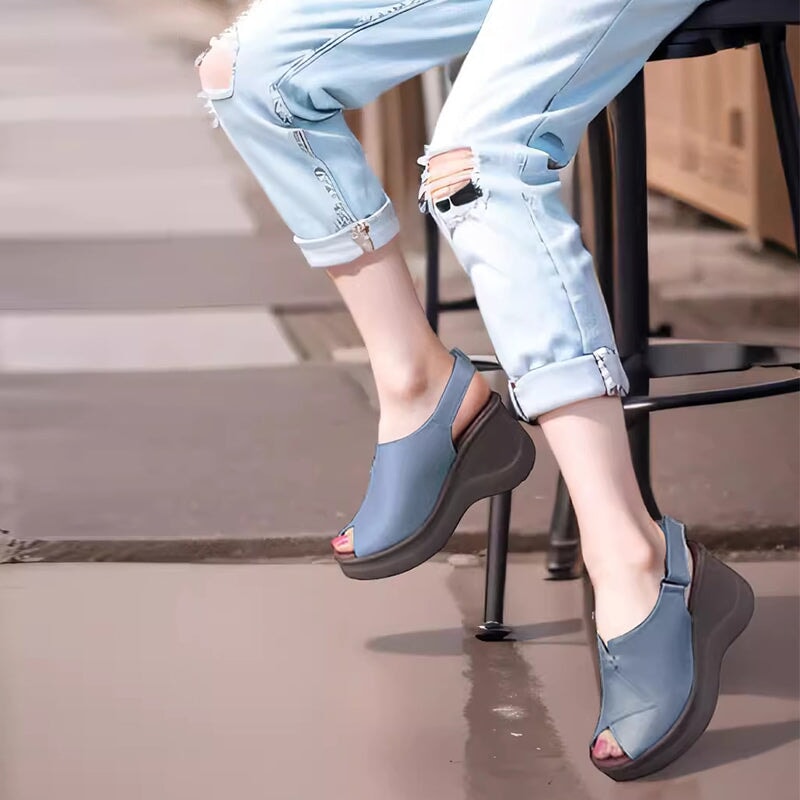 Soft Leather Platform Sandals Peep Toe Slingback High Heel Sandals in Black/Blue/Beige
