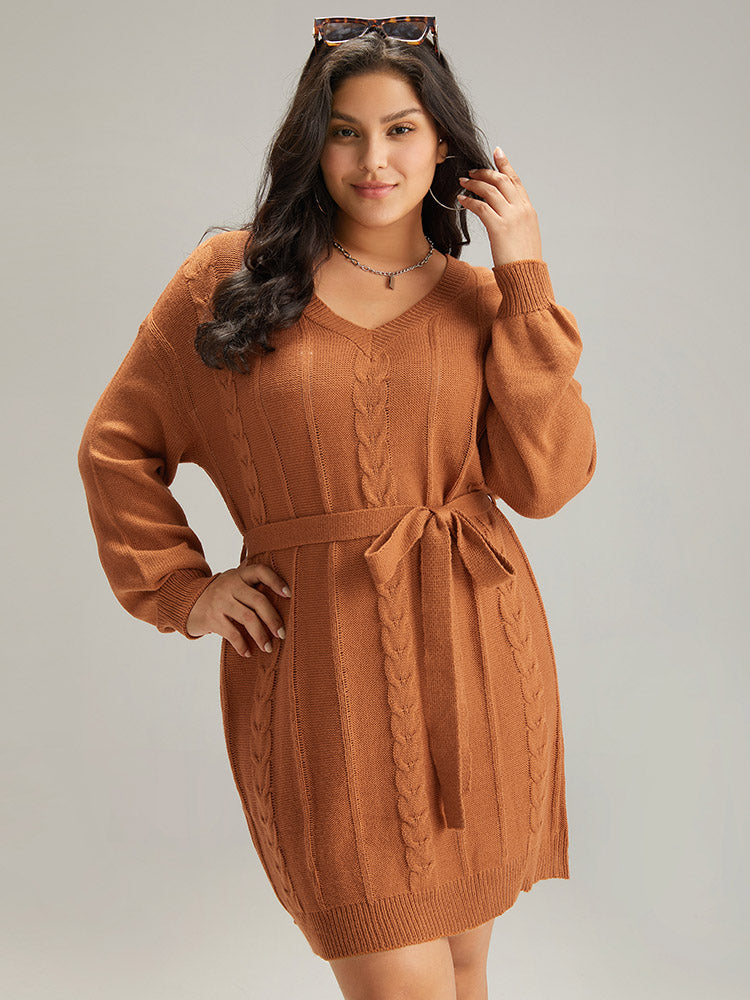 Cable Knit Belted Lantern Sleeve Sweater Dress