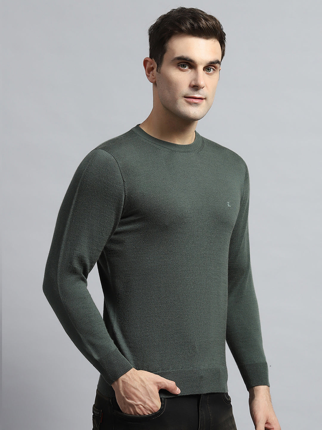 Men Olive Solid Round Neck Full Sleeve Pullover