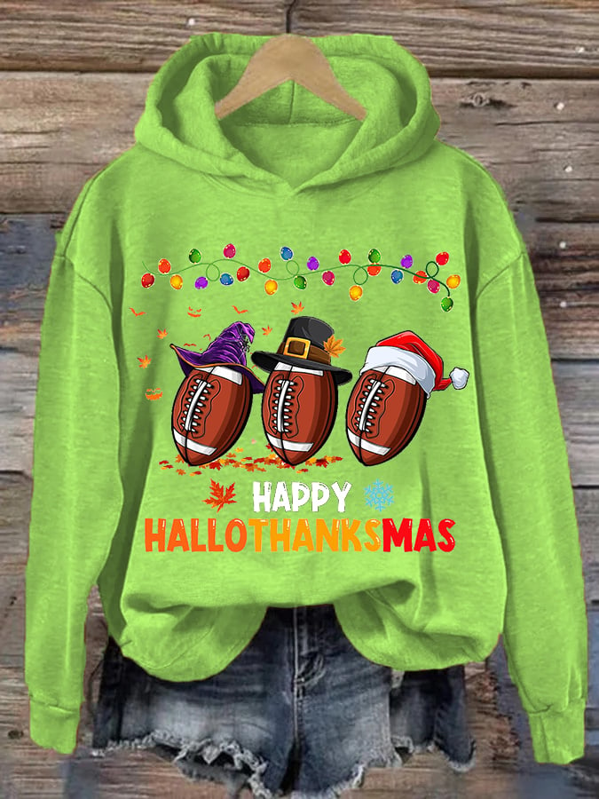 Women's Happy Hallothanksmas Football Print Hoodie