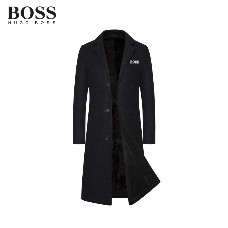 BOSS Men-s Trench Coat Long Wool Solid Color Thick Coat