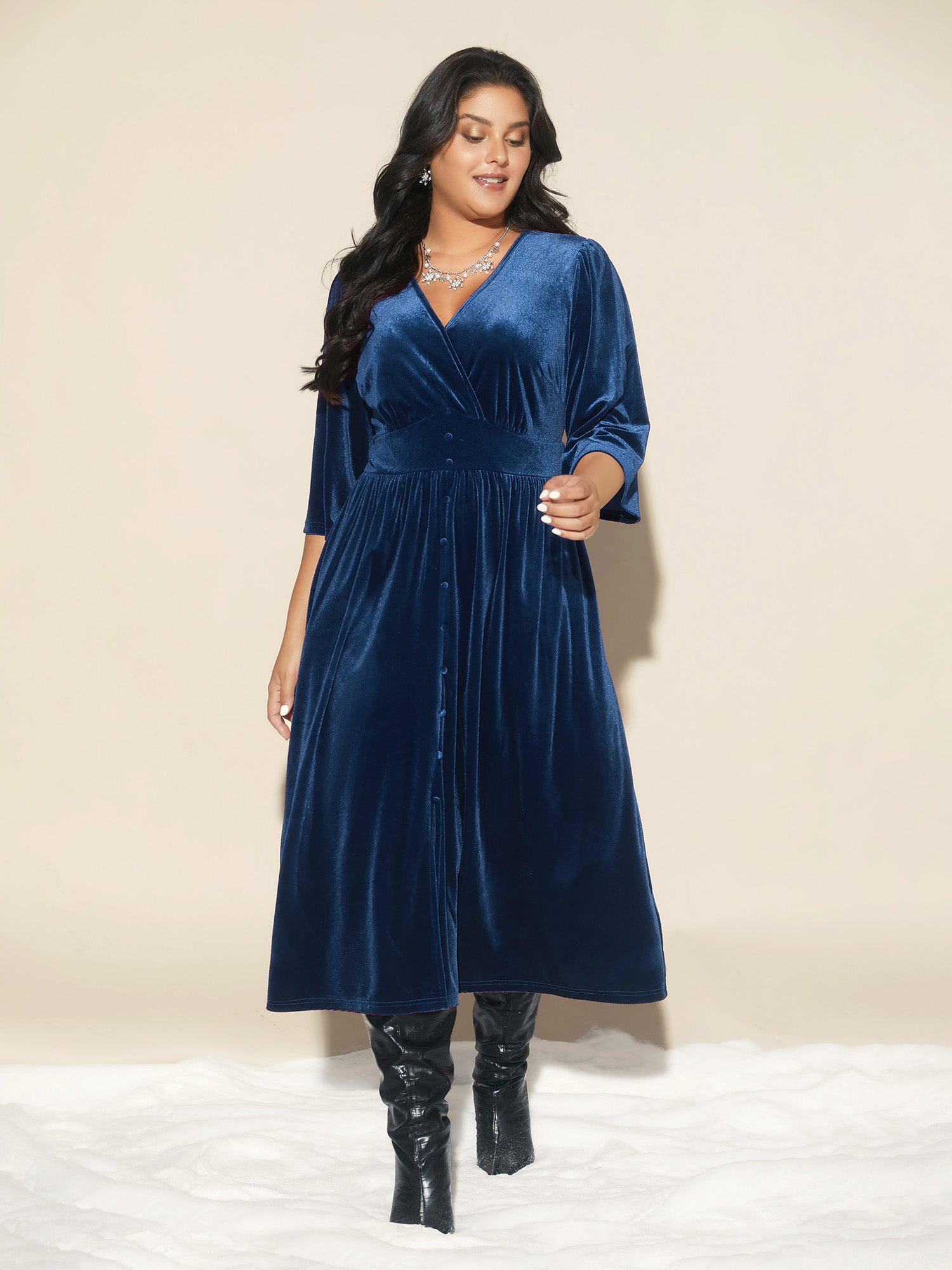 Velvet Ruched Surplice Neckline Midi Dress