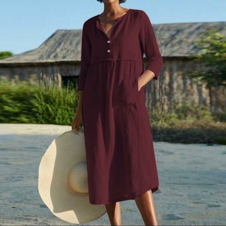 Fashion cotton linen solid color long dress with pockets