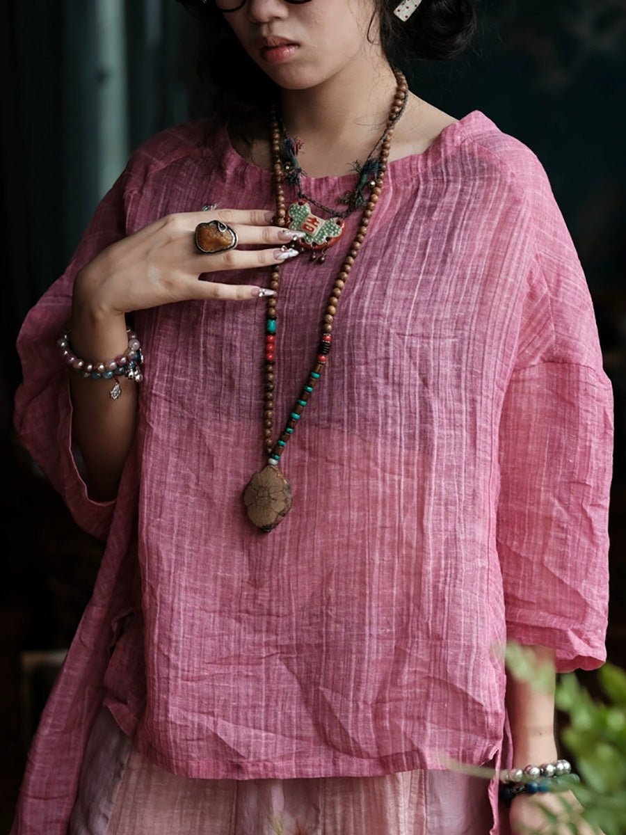 Women Summer Retro Plaid O-Neck Linen Shirt