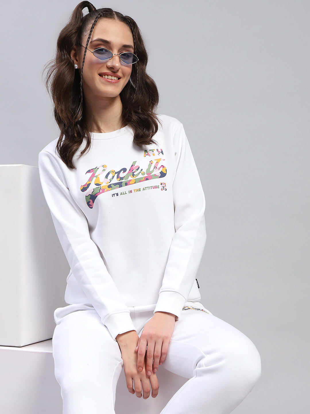 Women White Printed Round Neck Full Sleeve Tracksuit