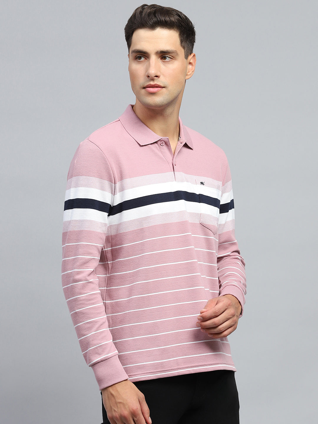 Men Pink Stripe Collar Full Sleeve Winter T-Shirt