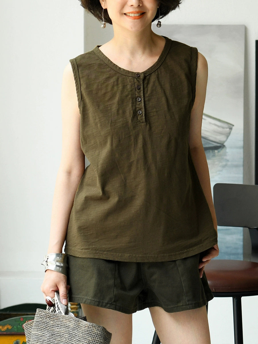 Women Summer Pure Color O-Neck 100%Cotton Vest
