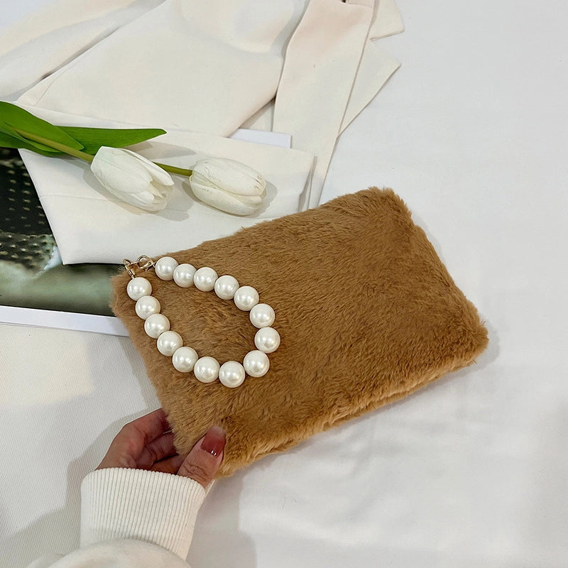 Black Brown White Plush Solid Color Beading Pearls Square Clutches