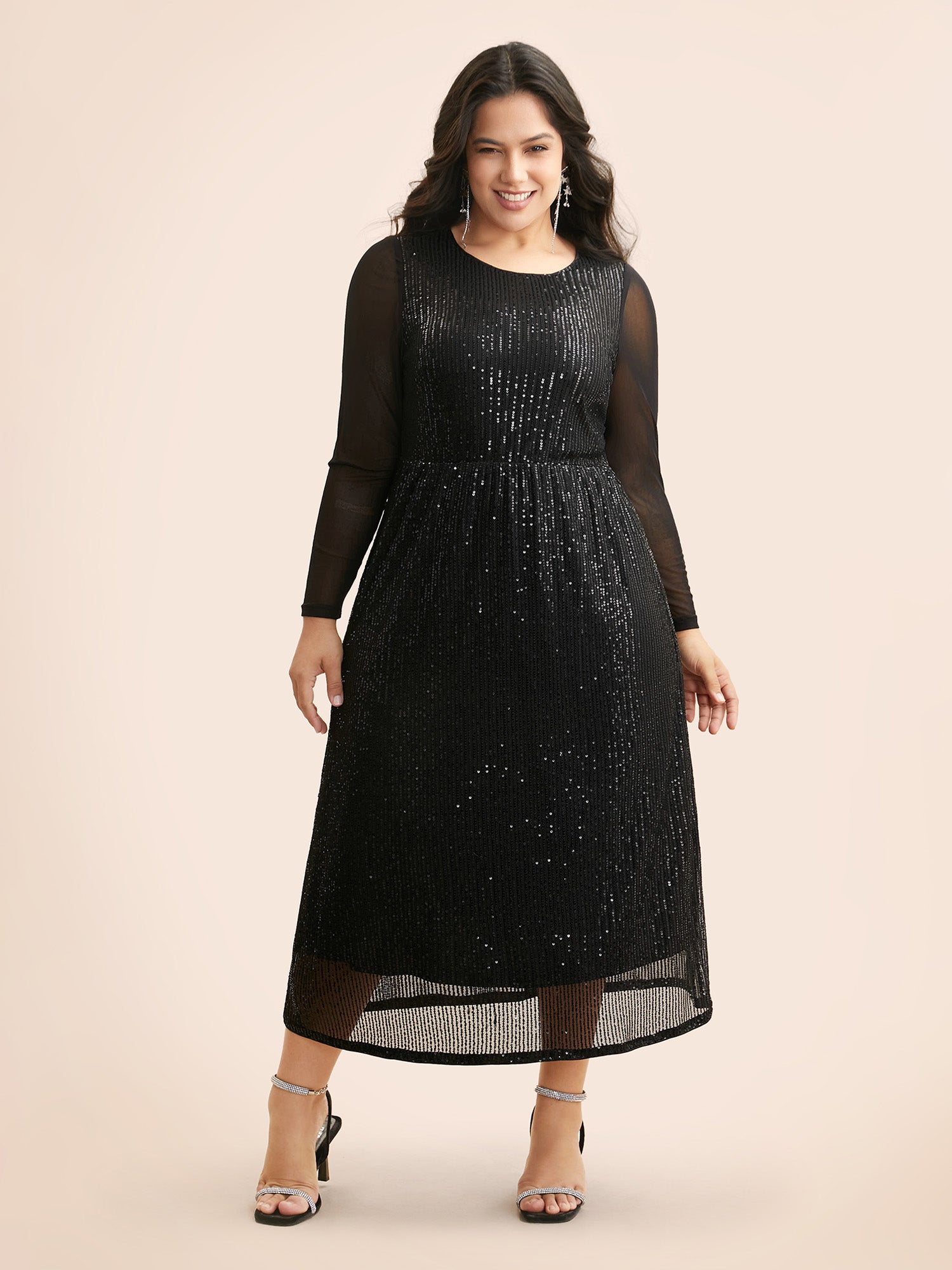 Crew Neck Patchwork Sequin Mesh Dress