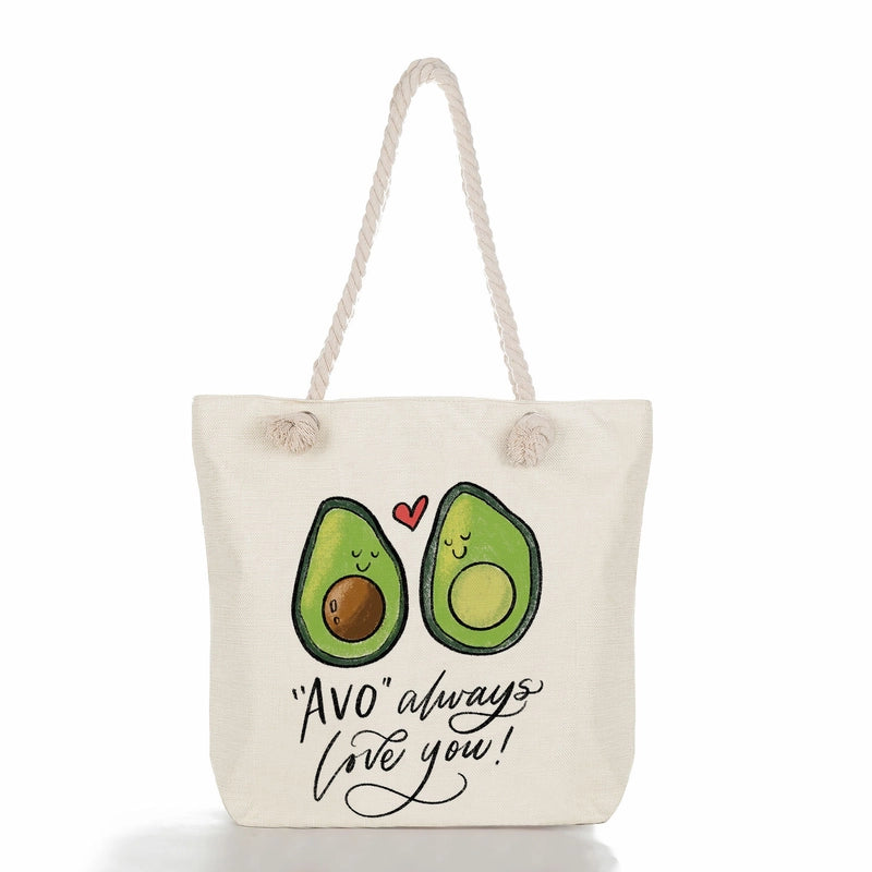 Women's Medium Linen Fruit Cute Classic Style Square Zipper Tote Bag Beach Bag