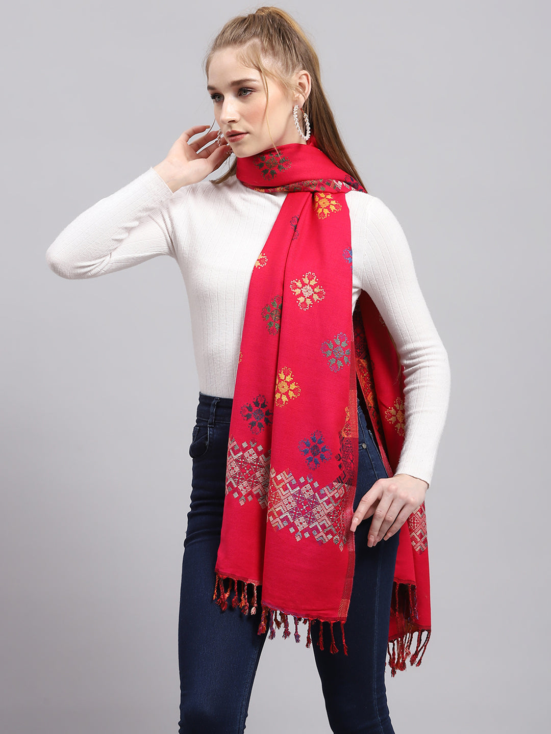 Women Red Self Design Stole