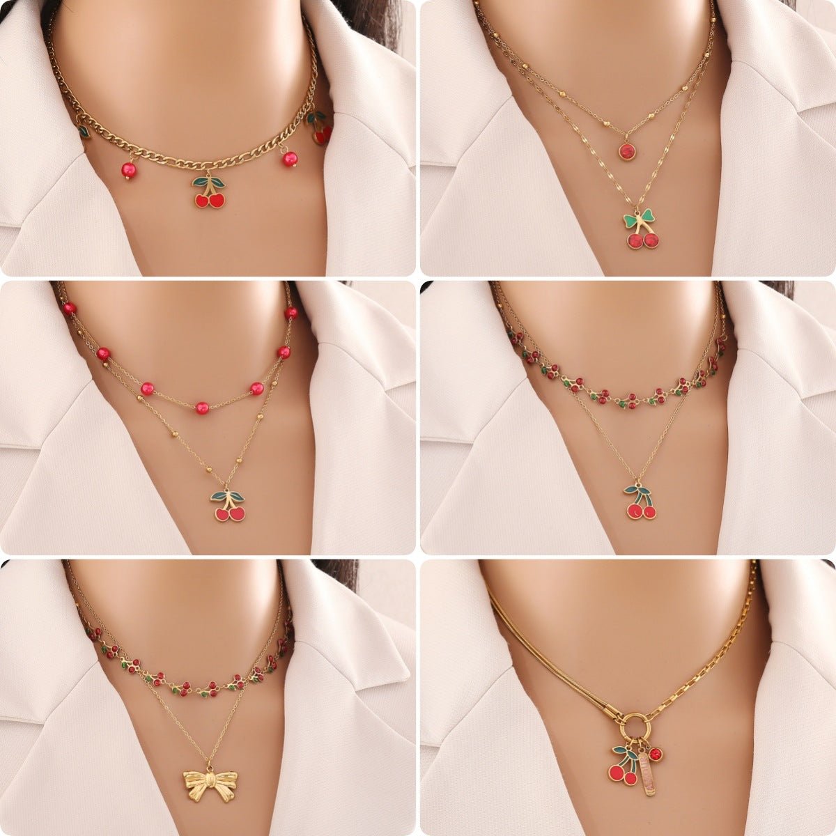 Cute Cherry Pendant Necklace Fashion Stainless Steel Double Chain