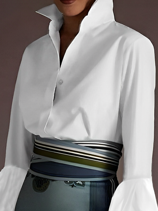 Long Sleeves Loose Buttoned Elasticity Solid Color Split-Joint Stand Collar Blouses&Shirts Tops