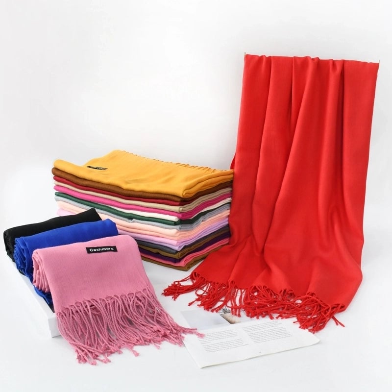 Autumn And Winter Solid Color Cashmere Scarf Women's Red Annual Meeting Printed LOGO Embroidery 200g Warm Shawl Scarf