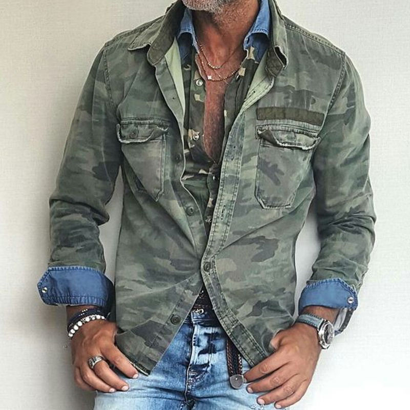 Vintage Camouflage Lapel Single Breasted Shirt