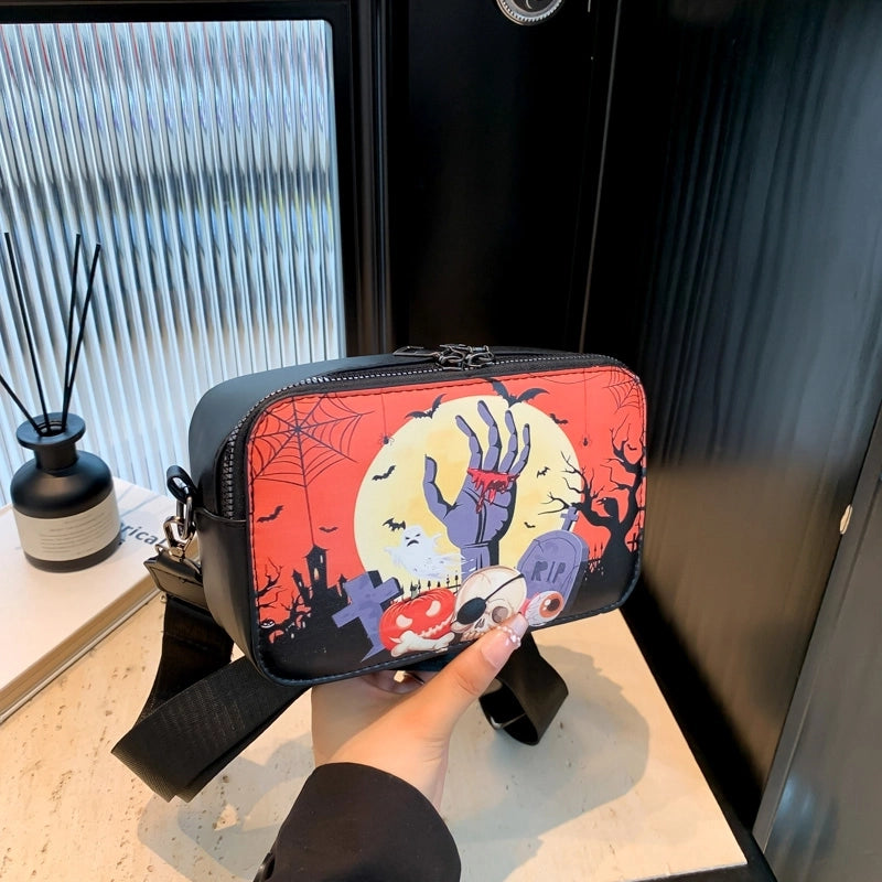 Halloween Women's Pu Leather Pumpkin Letter Ghost Streetwear Square Zipper Shoulder Bag Crossbody Bag