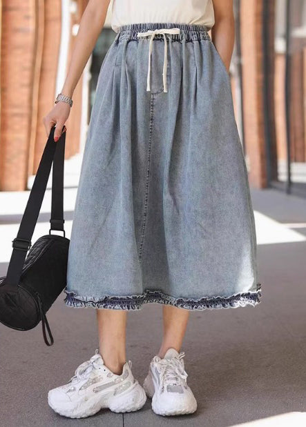 Vintage Light Blue Ruffled Elastic Waist Denim Skirt Summer