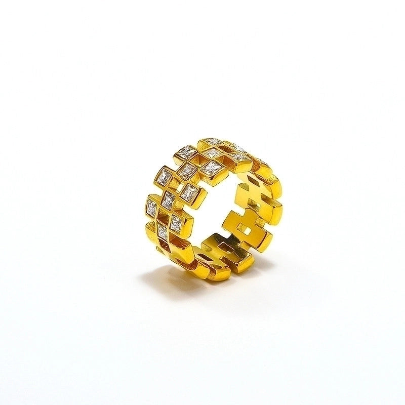 Titanium Steel 18K Gold Plated Vintage Style Geometric Color Block Rhinestones Rings