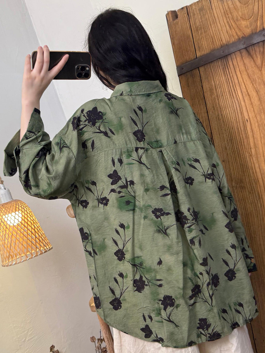 Women Summer Retro Flower Turn-down Collar Linen Shirt