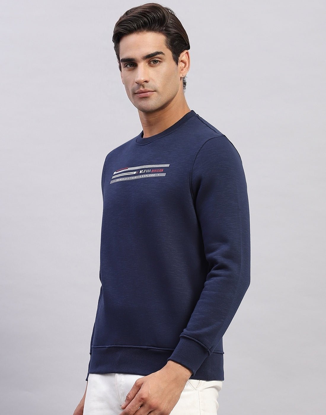 Men Navy Blue Printed Round Neck Full Sleeve Sweatshirt