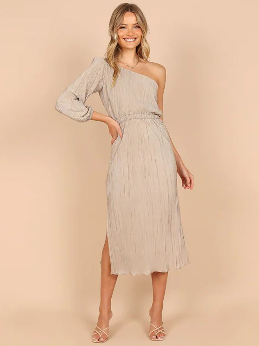 One-Shoulder Slash Neck Solid Color Party Dress(3 Colors)