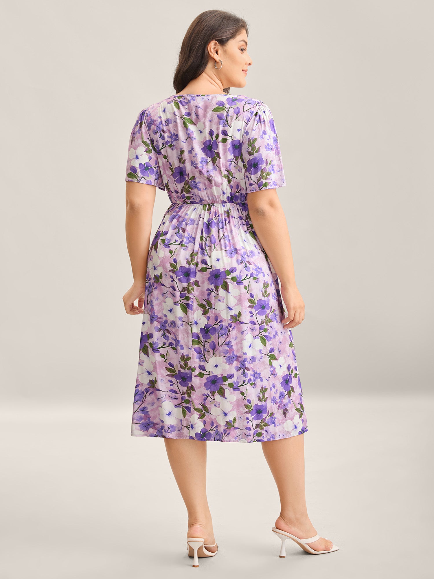 Floral Print Ruffled Neck Pockets Midi Dress