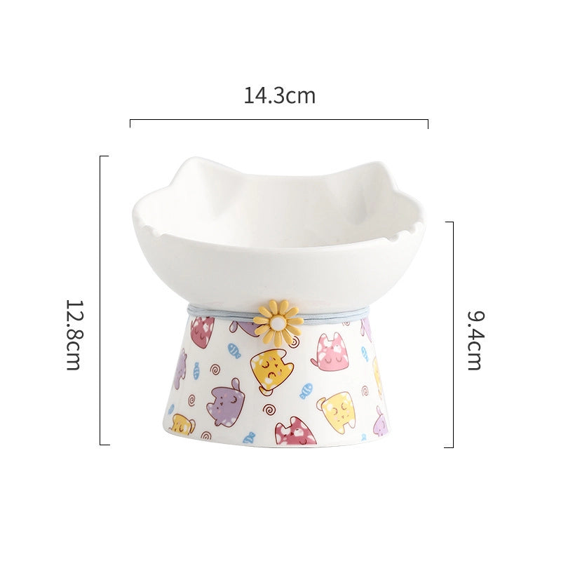 Cat Bowl Ceramic Cat Food Basin Dog Bowl Anti-overturning Integrated High Foot Inclined Mouth Cute Cat Shape Drinking Water Food Basin Pet