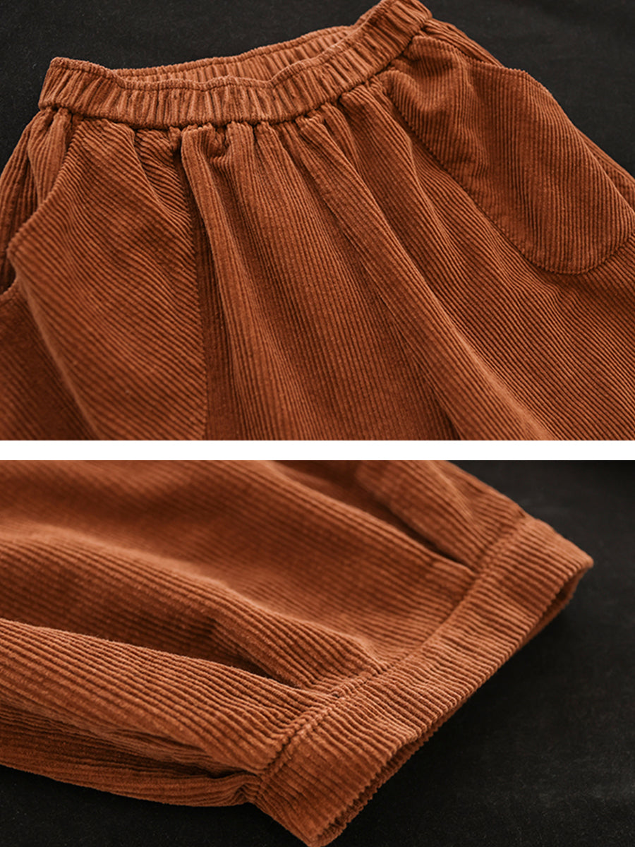 Plus Size Women Vintage Corduroy Pure Color Loose Harem Pants